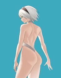 1girls alternate_version_available ass back back_view bare_back bare_thighs big_ass blue_background blue_eyes female female_only looking_at_viewer looking_back nier nier:_automata nier_(series) pomelomelon short_hair silver_hair solo thighs yorha_2b