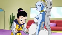 2girls ass belly big_ass big_belly big_breasts black_hair blue_skin breasts butt chichi dicasty dragon_ball dragon_ball_super dragon_ball_z female light-skinned_female light_skin pregnant vados white_hair