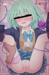 1boy absurdres anus blue_bow blue_neckwear blush bow bowtie censored feet_out_of_frame female green_hair haruki_reimari highres identity_censor koishi_komeiji lying mosaic_censoring on_back open_mouth panties panties_around_one_leg plaid plaid_skirt pov pov_hands pussy school_uniform shirt skirt sleeping solo_focus sweat third_eye touhou underwear white_shirt