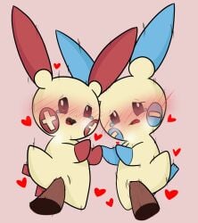 animal_genitalia animal_penis blush bodily_fluids eye_contact female genitals group hi_res looking_at_another male male/female minun nintendo open_mouth penetration penis pink_background plusle pokémon_(species) pokemon pokemon_(species) red_eyes shallow_penetration simple_background spread_legs spreading tears video_games yellow_body