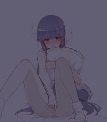 07th_expansion 1girls 2022 blue_hair blush covering eyebrows_visible_through_hair female female_masturbation fingering furude_rika highres higurashi_no_naku_koro_ni hime_cut long_hair m_legs masturbation nude nude_cover object_hug pillow pillow_hug purple_eyes pussy_juice saliva sitting socks solo solo_female spread_legs tearing_up teenage_girl teenager translation_request usamin_(artist) young