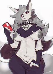 anthro big_breasts breasts canid canid_demon canine canis cellphone collar demon female genitals goth grey_body grey_hair hair hellhound helluva_boss hi_res loona_(helluva_boss) mammal nihaku nipples phone pulling_pants_down pussy red_sclera simple_background smartphone solo spiked_collar spikes white_background white_eyes wolf