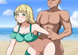 1boy 1girls 86-shiki alternate_breast_size alternate_costume alternate_version_available arm_grab bangs beach big_breasts bikini blonde_hair blush bottomless braid breasts censored cleavage clenched_teeth female fire_emblem fire_emblem:_three_houses fire_emblem_heroes forced green_bikini green_eyes green_swimsuit hairless_pussy ingrid_brandl_galatea ingrid_brandl_galatea_(summer) long_hair male mosaic_censoring nintendo ocean official_alternate_costume pussy pussy_juice sex straight sweat swimsuit vaginal_penetration