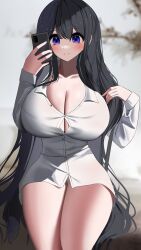 1girls 2022 black_hair blue_eyes blush breasts female female_only hi_res hips holding_object huge_breasts indoors long_hair massive_breasts nicorima original original_character phone selfie shirt shirt_only slim_waist smile straining_buttons thick_thighs thighs top_heavy white_shirt wide_hips