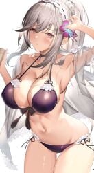 1girls armpits azur_lane bikini blush brown_eyes dunkerque_(azur_lane) female grey_hair hair_ornament long_hair ponytail satoumogumogu simple_background white_background