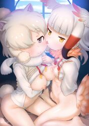 2girls alpaca_ears alpaca_suri_(kemono_friends) alpaca_tail animal_ears areolae barefoot bird_girl bird_tail blue_eyes bottomless breast-to-breast breast_press breasts clothes_pull clothing duo empty_eyes erect_nipples feathers feet_out_of_frame female female_only female_pubic_hair furrowed_eyebrows hair_feathers happy high_resolution japanese_crested_ibis_(kemono_friends) kemono_friends kneeling lactation large_breasts latina licking lifted_by_self looking_at_viewer masuyama_ryou multiple_girls navel nipples peruvian_female pubic_hair shirt shirt_lift shirt_pull small_breasts smile tail tongue tongue_out uncensored undressing white_hair yellow_eyes yuri