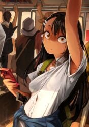 1girls arm_up armpit_fetish armpits backpack bag black_hair blush blushing blushing_at_viewer brown_eyes cellphone clothed clothing electronics female firearm gun handgun hayase_nagatoro holding_object human khyleri long_hair looking_annoyed looking_at_viewer peeping phone please_don't_bully_me,_nagatoro public red_nails revealing_clothes school_uniform schoolgirl_uniform small_breasts tan tan_skin train_interior weapon