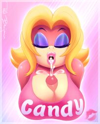 1girls anthro big_breasts blonde_hair bodily_fluids breasts bust_portrait candy_kong cleavage closed_eyes cock_hungry cum cum_in_mouth cum_on_breasts cumshot donkey_kong_(series) ejaculation ejaculation_between_breasts english_text female female_focus furry genital_fluids highres huge_breasts human kiss_mark large_breasts mammal nintendo open_mouth paizuri paizuri_under_clothes penis portrait primate puffy_lips redbenjamin text titfuck titfuck_under_clothes titjob