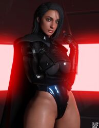 1girls 3d absurd_res black_hair breasts cape dark-skinned_female dark_skin female female_only gloves green_eyes hi_res inquisitor jedi:_fallen_order large_breasts latex rude_frog second_sister solo star_wars thighs trilla_suduri voluptuous