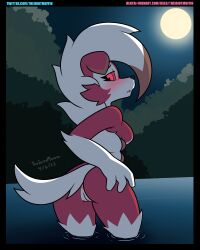 1girls 2022 anthro anus ass back back_view background backlighting blush breasts female glowing_eyes hi_res looking_back lycanroc lynn_(theidiotmuffin) midnight_lycanroc moon night nintendo oerba_yun_fang open_mouth pokemon pokemon_sm pussy pussy_blush red_eyes red_fur tail theidiotmuffin vagina water werewolf werewolf_girl white_fur white_hair wolf wolf_ears wolf_tail