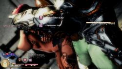 1boy 1girls 3d choking duo english_text female final_fantasy final_fantasy_xiv from_behind gameplay_mechanics gpose(ffxiv) grabbing kamasub roegadyn rough_sex side_view status_effect suspension tagme tattoo text tongue_out viera