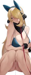 1girls animal_ears bangs bare_shoulders bikini bikini_top_only blonde blonde_hair blue_bikini blue_bra blush bottomless breasts cleavage closed_mouth collar cynthia_(pokemon) dripping dripping_pussy embarrassed exposed_pussy fake_animal_ears female femsub full-face_blush fur_collar grey_eyes hair_ornament hair_over_one_eye highres horny_female large_breasts leash leash_and_collar long_hair looking_aside looking_to_the_side lucario_(cosplay) pokemon pokemon_(cosplay) pokemon_(game) pokemon_dppt pussy revealing_clothes sidelocks sitting solo_female strap_gap submissive_female sweat swimsuit very_long_hair wet white_background willing_sub wrist_cuffs yuuyuu_(yuuki1771)