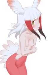 1girls areolae banana_breasts bird_tail breasts clothing erect_nipples feathers female female_only female_solo hair_feathers high_resolution japanese_crested_ibis_(kemono_friends) kemono_friends legwear masuyama_ryou nipples nude pantyhose red_legwear red_pantyhose simple_background small_breasts solo topless topless_female white_background white_hair yellow_eyes