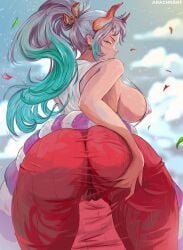 1girls 2022 arachnart ass ass_focus back back_view breasts bubble_butt cameltoe covered_erect_nipples covered_nipples female female_only from_behind grabbing_own_ass hakama hi_res hips horns huge_ass huge_breasts long_hair one_piece ponytail reaching_back shounen_jump sideboob slim_waist solo thick_thighs thighs white_hair wide_hips yamato_(one_piece)