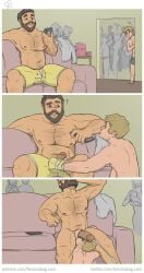 2boys beard beefy belly blonde blonde_hair blowjob brown_eyes brown_hair bulge cocky comic cum cumming daddy dark_hair dilf duo erect_penis erection exhibitionism facial_hair gay gay_sex handjob livesinabag male_only manly muscular muscular_male open_mouth orgasm party penis penis_out phone public public_sex sitting sucking_testicles under_clothes underwear yaoi