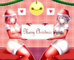 2021 2girls bete_noire brown_hair christmas core_frisk glitchtale multiple_girls pink_eyes pixiv santa_hat tagme undertale yazu_(artist) yazuel_aliel