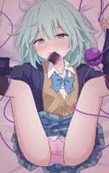 blush bow bowtie condom condom_in_mouth condom_wrapper feet_out_of_frame female green_eyes green_hair haruki_reimari heart heart-shaped_pupils highres koishi_komeiji looking_at_viewer lying mouth_hold on_back on_bed panties pillow pink_panties plaid plaid_skirt school_uniform skirt smile solo symbol-shaped_pupils third_eye touhou underwear