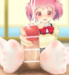 1boy 1girls bar_censor blush breasts censored cum ejaculation erection eyebrows_visible_through_hair female footjob hair_ribbon handjob highres maa_(maa1) madoka_kaname mahou_shoujo_madoka_magica mitakihara_school_uniform open_mouth penis pink_eyes pink_hair pubic_hair ribbon school_uniform short_hair smile socks twintails white_legwear