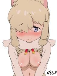 alpaca_ears alpaca_suri_(kemono_friends) animal_ears blonde_hair blue_eyes blush breast_squeeze breasts closed_mouth female female_only fur_scarf hair_over_one_eye high_resolution horizontal_pupils kemono_friends latina lifted_by_self long_sleeves looking_at_viewer masuyama_ryou medium_breasts medium_hair navel nipples no_bra no_nose nose_blush peruvian_female scarf shirt shirt_lift simple_background smile solo stomach sweater upper_body very_high_resolution white_background