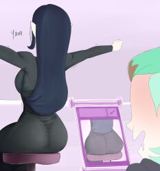 2girls age_difference amity_blight artist_request ass ass_focus ass_in_dress big_ass big_breasts big_butt black_dress blue_hair bottom_heavy breasts bubble_ass bubble_butt creepshot disney disney_channel dress fat_ass female female_only female_pervert green_hair lilith_clawthorne long_dress long_hair multiple_girls pantylines pervert phone picture plump plump_ass sideboob sitting source_request taking_picture the_owl_house wide_hips witch witch_(the_owl_house) yuri