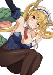 black_legwear blush blushing_at_viewer breasts bunnysuit collar cuffs detached_collar dragon_girl green_tail horns kaosu_kun looking_at_viewer maid_headdress miss_kobayashi's_dragon_maid orange_eyes orange_hair pantyhose red_eyes red_tie smiling tail thighs tie tohru_(dragon_maid) twintails white_background white_collar