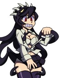 cleavage filia_(skullgirls) lab_zero_games lewdthealess panties red_eyes samson_(skullgirls) skirt skirt_lift skullgirls teeth underwear white_background white_bra white_panties