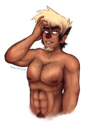 abs arm_hair armpit_hair beard blonde_hair body_hair bust_portrait chest_hair guy_towers hand_hair hand_through_hair jellyvision large_nose male muppet_nose muscular nipple_hair oerba_yun_fang pubic_hair slurmcore stubble suede_(artist) sweat tan_skin thick_eyebrows two_tone_hair you_don't_know_jack you_don't_know_jack:sports