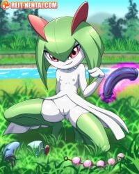 dildo female grass green_hair kirlia looking_at_viewer nintendo pokemon pokemon_(species) pokemon_species psychic psychic_powers red_eyes reit sex_toy small_breasts smaller_female smirk tagme watermark wet wet_pussy white_skin