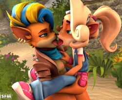 2girls 3d_(artwork) accessory activision anthro bandicoot blonde_hair bodily_fluids bottomwear breasts clothing coco_bandicoot crash_(series) denim denim_clothing digital_media_(artwork) female female/female female_only footwear french_kissing fur green_eyes hair hair_accessory hair_tie hi_res jeans kissing mammal marsupial mole_on_cheek multiple_girls orange_body orange_fur pants pirate_tawna saliva saliva_string shoes small_breasts source_filmmaker tawna_bandicoot tawna_bandicoot_(crash_4) tongue tongue_out video_games yuri