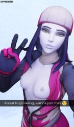 3d biathlon_widowmaker exposed_breasts overwatch purple_hair sapphireworks selfie snow unzipped_jacket widowmaker