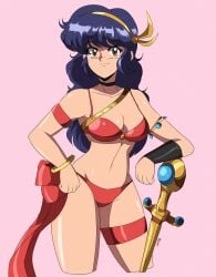 1980s_(style) 1girls athena_(series) bikini breasts brown_eyes cleavage looking_at_viewer medium_breasts navel oldschool pose princess_athena purple_hair red_bikini smile snk straight_hair swimsuit sword thick_thighs thigh_strap thighs weapon