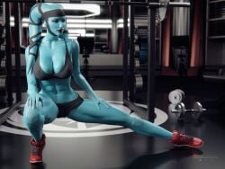 1girls 3d aayla_secura abs alien alien_girl athletic blue_skin dumbell el-recondite_(artist) female female_only female_protagonist fit fit_female gym humanoid indoors jedi lekku muscular muscular_female revealing_clothes solo sports_bikini sports_bra sports_uniform star_wars stretching twi'lek weights workout