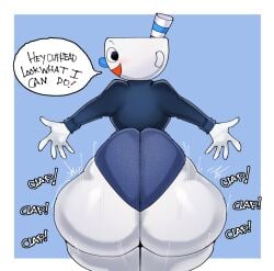 big_ass big_butt bottom_heavy clapping_cheeks cuphead_(game) dialogue dumpy femboy gay mriii4327 mugman shaking_butt smiling_at_viewer thick_ass thick_thighs twerking