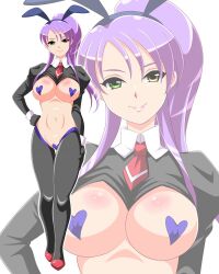 1girls breasts bunny_ears bunnysuit fake_animal_ears green_eyes jueli_(sesamin83) long_hair looking_at_viewer oc original original_character pasties purple_hair reverse_bunnysuit sesamin83 smile