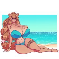 1girls 2022 beach bikini breasts breasts_bigger_than_head cleavage color female female_only huge_breasts kemono looking_at_viewer lying_on_side n647 nipple_bulge orange_hair raphtalia solo swimsuit tan tanline tanuki tate_no_yuusha_no_nariagari thick_thighs thin_waist voluptuous wide_hips