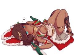 1girls alcohol ame_no_habanero blunt_bangs blush brown_hair christmas cygames dark_skin dragalia_lost drunk egyptian exposed_breasts green_eyes looking_at_viewer nefaria nintendo no_panties on_back petite santa_costume small_breasts tiara wine wine_bottle