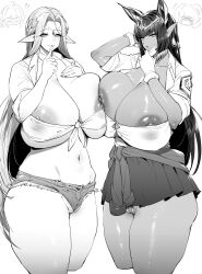 2girls alternate_costume big_breasts cerestia_of_life cleavage curvy dark-skinned_female dark_hair dark_skin denim_shorts elf elf_ears elf_female female female_only female_pubic_hair hair_ornament huge_breasts last_origin long_hair looking_at_viewer mature_female midriff milf miniskirt monochrome nipple_slip nipples no_bra no_panties pale-skinned_female pale_skin pointy_ears pubic_hair pussy school_uniform sekhmet_of_death short_shorts slutty_outfit small_head thirty_8ght undersized_clothes