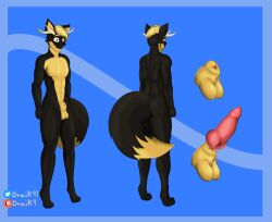 absurd_res animal_genitalia animal_humanoid animal_penis anthro antlers ass balls canid canine cervid digital_media_(artwork) draik erection fox fox_tail fur genitals hair hi_res horn humanoid knot male mammal model_sheet nude penis raffle_prize simple_background smile solo standing