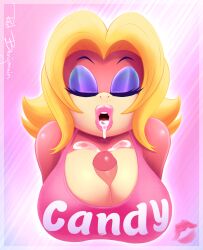 1girls anthro big_breasts blonde_hair bodily_fluids breasts bust_portrait candy_kong cleavage closed_eyes cock_hungry cum cum_in_mouth cum_on_breasts donkey_kong_(series) english_text female female_focus furry genital_fluids highres huge_breasts human kiss_mark large_breasts mammal nintendo open_mouth paizuri paizuri_under_clothes penis portrait primate puffy_lips redbenjamin text titfuck titfuck_under_clothes titjob