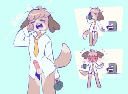 2022 3_toes 4_fingers animal_crossing anthro balls beverage black_nose blue_background blush bottomless brown_body brown_fur brown_hair canid canine canis closed_eyes clothed clothing coffee coffee_machine container cup digby_(animal_crossing) dipstick_tail domestic_dog dot_eyes duo embarrassed erection feet fingers floppy_ears fur furry furry_only genitals glans grey_balls grey_body grey_fur hair holding_cup holding_object humanoid_genitalia humanoid_penis looking_down male male_only mammal markings morning_wood necktie nintendo open_mouth penis pink_glans pink_penis polo_shirt shih_tzu shirt simple_background solo somik surprise tail tail_markings tired toes topwear toy_dog video_games white_clothing white_shirt white_topwear yawn yellow_necktie