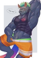 abs anthro biceps black_body black_fur clothing cthulhu_mythos deity eggplant_nacl english_text flaccid fur genitals god green_hair grin h.p._lovecraft hair hi_res hyena lifewonders male male_only mammal muscular muscular_anthro muscular_male mythology nyarlathotep_(tokyo_afterschool_summoners) pecs penis penis_base public_domain raised_arm shirt shorts-down smile solo tank_top text tight_clothing tokyo_afterschool_summoners topwear