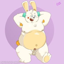 2022 anthro balls belly big_belly dibujospedorros erection genitals hi_res lagomorph leporid male mammal moobs nipples overweight overweight_male penis rabbit rekkit rekkit_the_rabbit simple_background small_penis solo white_body