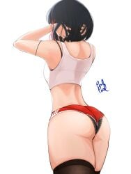 ass back bang_dream! black_bra black_hair black_panties bra crop_top from_behind hands_in_hair medium_hair mitake_ran panties poolpool red_shorts shirt shorts simple_background thighhighs underwear wedgie white_shirt