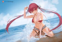 1girls beach breasts female greatodoggo heterochromia hololive hololive_fantasy hololive_japan houshou_marine huge_breasts kneeling light-skinned_female light_skin long_hair nipple_slip nipples outdoors red_eyes red_hair twintails virtual_youtuber wardrobe_malfunction yellow_eyes