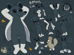 2022 anthro ass balls biped black_body black_nose clothing coat duo english_text eyewear flaccid genitals glasses hi_res lab_coat male mammal murid murine nishi_oxnard penis rat rattyvity_lab rodent simple_background small_penis solo text topwear video_games