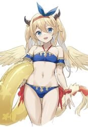 1girls beach blonde_hair blue_eyes dragon_girl dragon_tail female female_only floater grabbing hamachi_oekaki highres horn looking_at_viewer mariel_(p&d) puzzle_&_dragons ribbon small_breasts solo swimsuit wings young