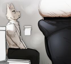 2022 anthro bathroom belly big_belly black_nose bodily_fluids bottomwear bulge canid canine canis clothed clothing domestic_dog duo erection erection_under_clothing ggu_open hi_res kemono male male/male mammal overweight overweight_male pants shirt sitting size_difference sweat toilet topwear white_body