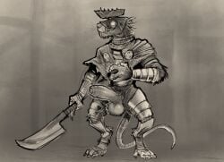 1boy 2022 anthro armor balls biped daftpatriot digital_media_(artwork) erection genitals greyscale grin headgear helmet holding_object holding_sword holding_weapon humanoid_genitalia humanoid_penis male male_only mammal melee_weapon monochrome penis rodent skaven smile solo storm_vermin stormvermin sword warhammer_(franchise) warhammer_fantasy weapon