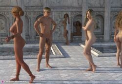 1boy 3d 5girls blonde_hair depth_of_field embarrassed embarrassed_nude_female female long_hair male multiple_girls nude nude_female nude_male sincopation slushe_(website) standing