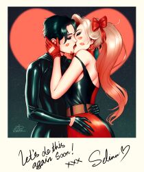 2dnsfw 2dswirl 2girls artist_signature batman_(series) black_hair blonde_hair catwoman closed_eyes dc dc_comics eyeshadow female female/female female_only french_kiss hairbow harley_quinn heart kissing lipstick_mark makeup photo_(object) selina_kyle tongue tongue_kiss twintails yuri